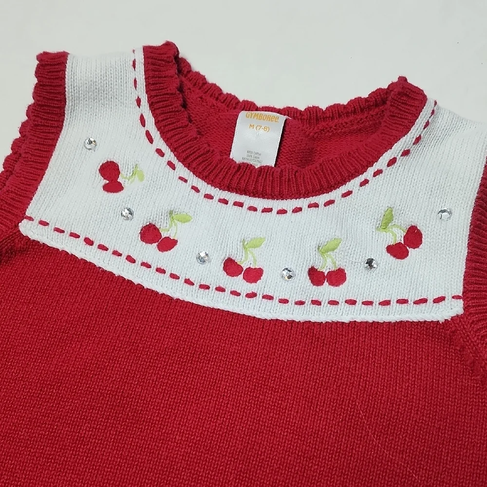 Gymboree Red Cherry Embroidered Sweater Vest Rhinestones Girls 7–8 Cute Retro